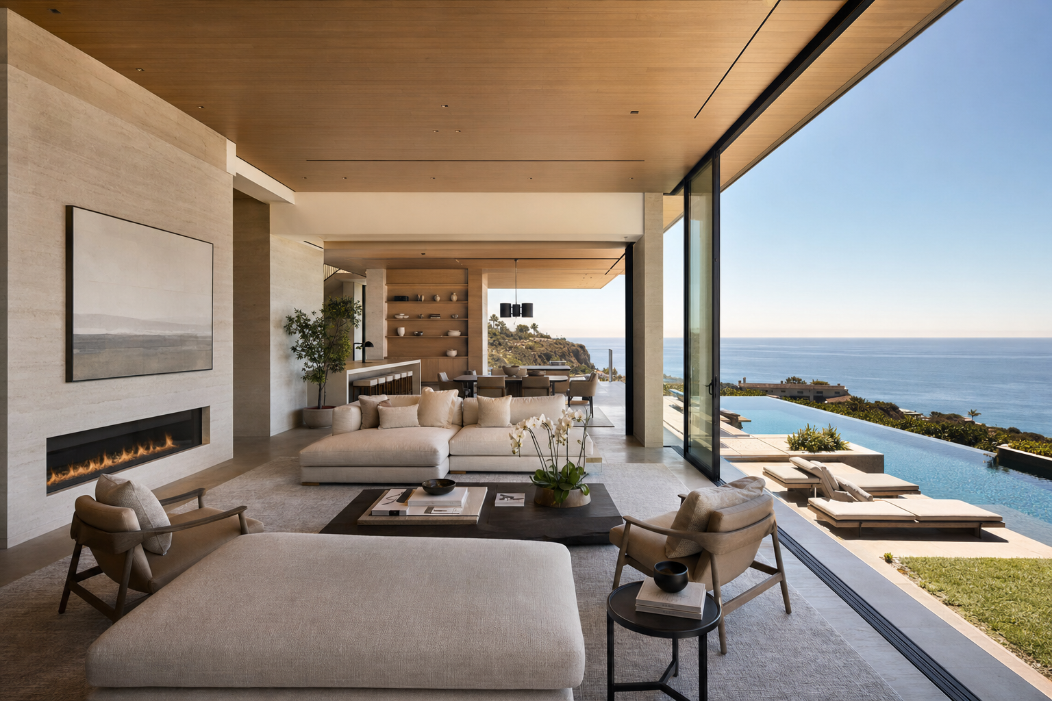 Luxurious Newport Coast estate living room with floor-to-ceiling ocean views